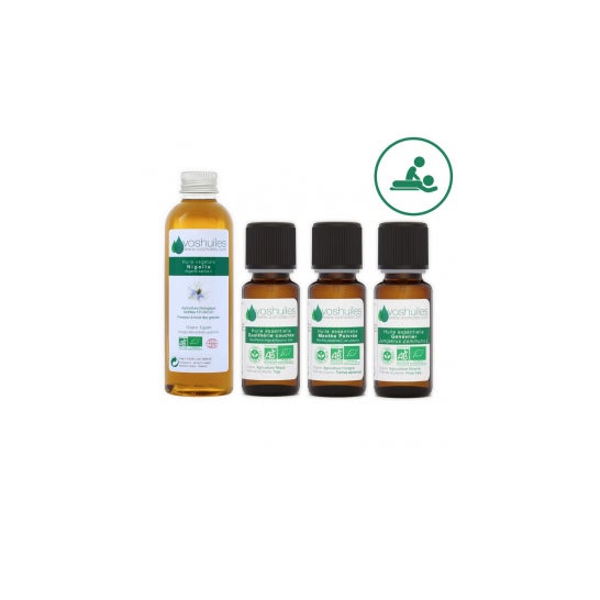 Voshuiles Kit Masaje Espalda Aceite Esencial BIO 3x10 ml + Vegetal BIO 50 ml