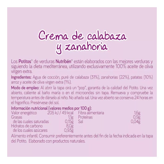 Nutribén Potitos Cena Crema de Calabaza y Zanahoria +4m 2x120 gr