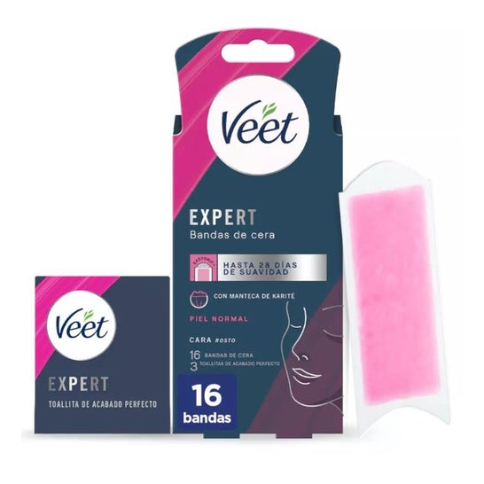 Veet Expert Bandas de Cera Depilatoria Facial Piel Normal 16uds