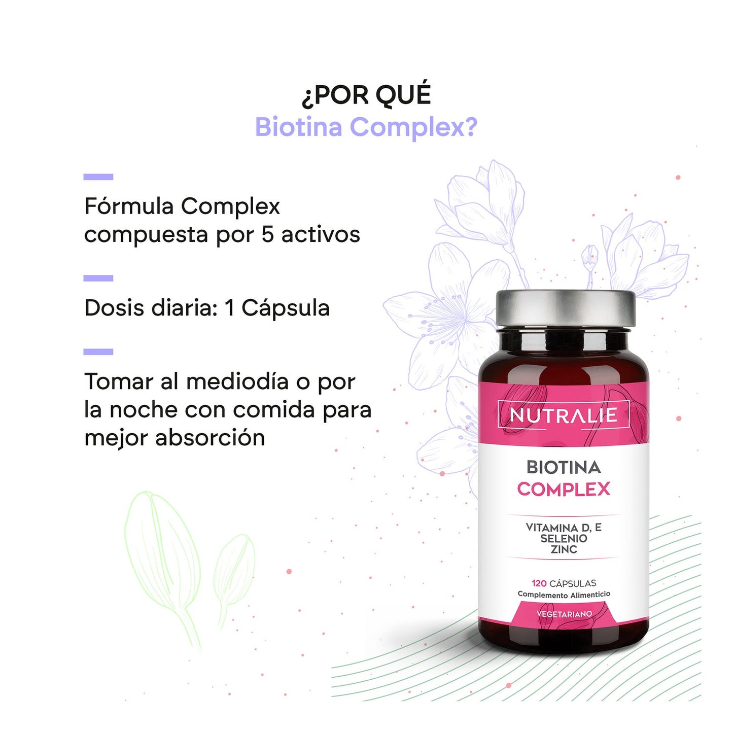 Nutralie Biotina Complex + Vit D y E 10000mcg Pelo, Piel, Uñas 120caps