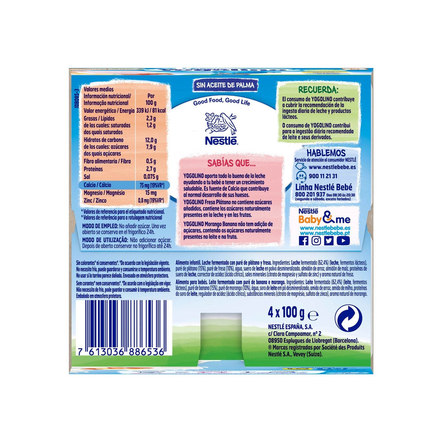 Nestlé Yogolino Fresa Platano sin Azúcar 100g 4 Unidades