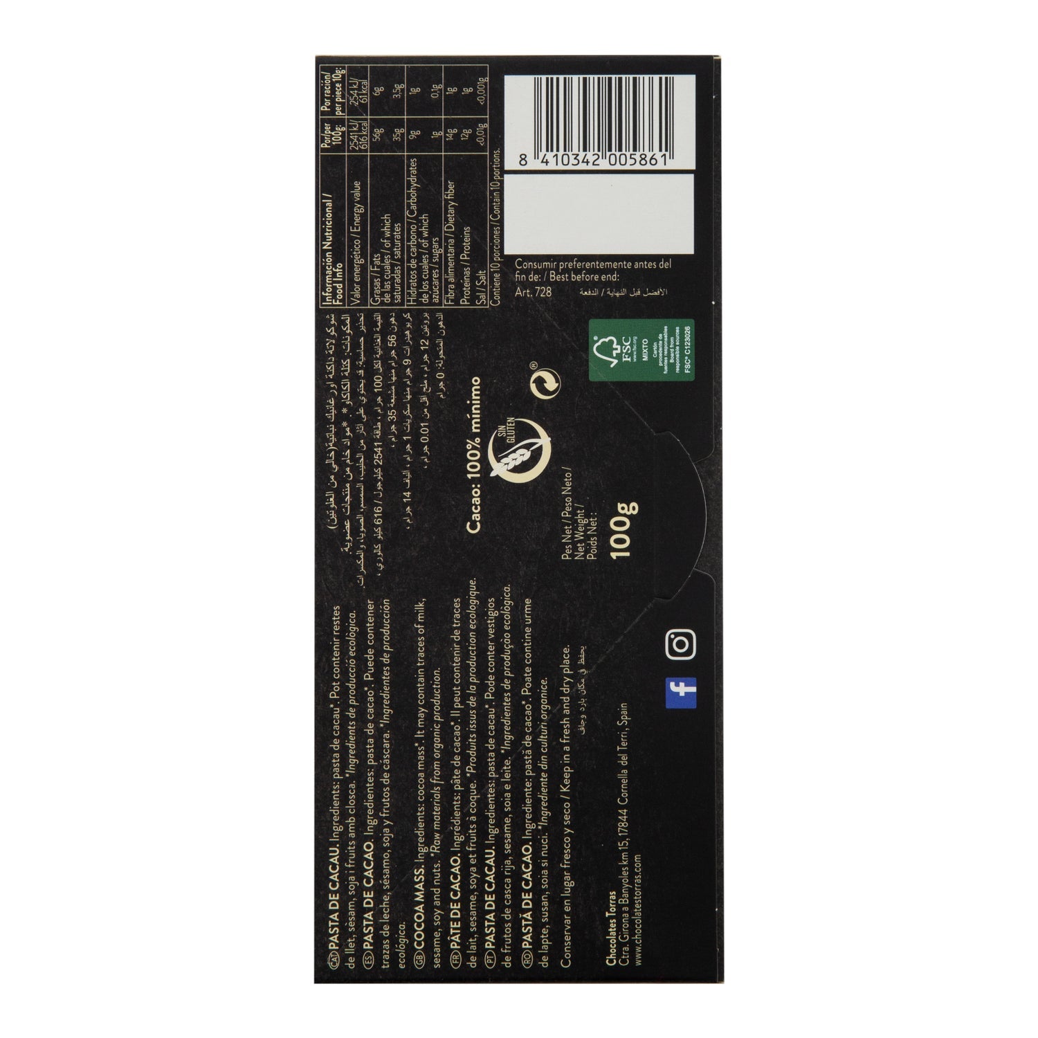 Torras Chocolate Negro 100% Cacao Criollo 100g