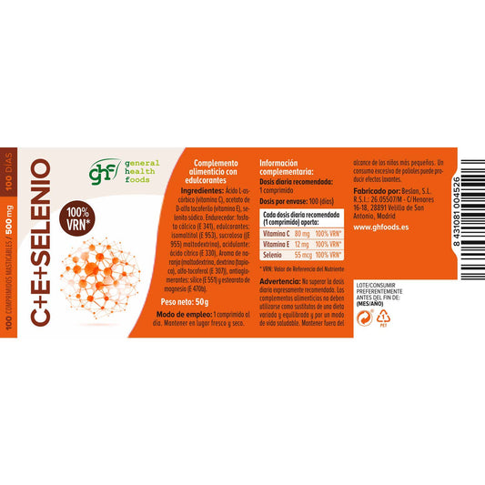 GHF antioxidante vitamina C, E y selenio sabor naranja 100comp