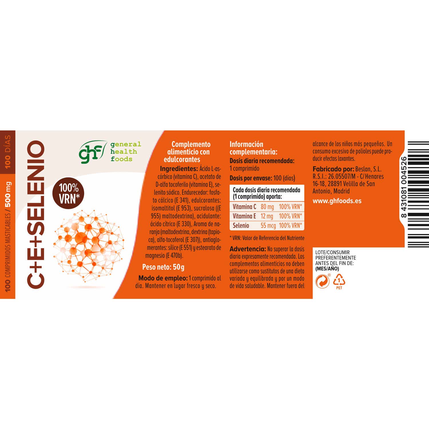 GHF antioxidante vitamina C, E y selenio sabor naranja 100comp