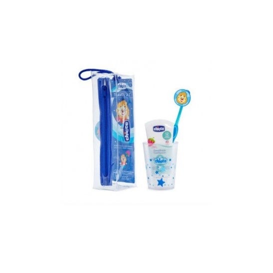 Chicco Pack Cepillo Dental Azul León + Dentífrico Fresa 50ml + Estuche + Vaso