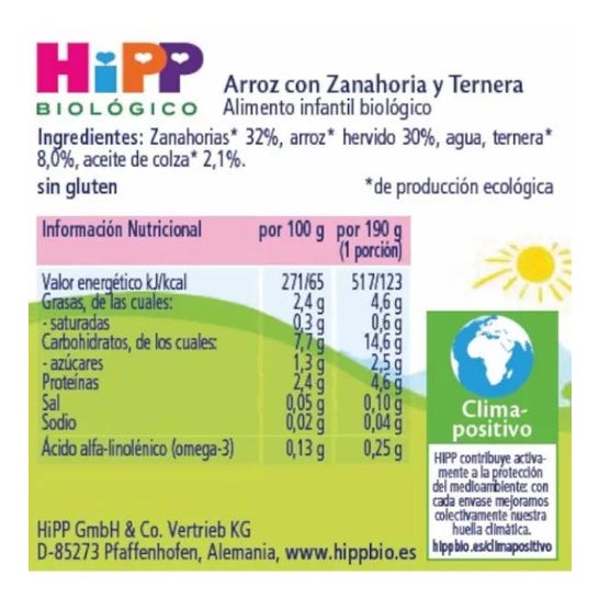 Hipp Tarrito de Arroz con Zanahoria y Ternera Bio +4 M 190 g