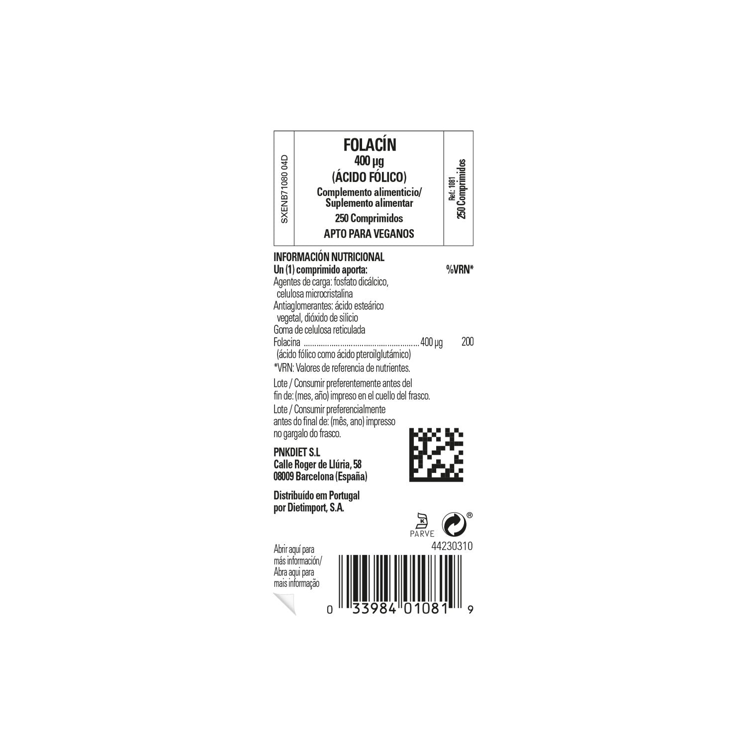 Solgar Folacín Ácido Fólico 400mcg 250comp