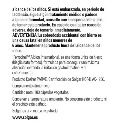 Solgar Hierro Gentle 20mg Hierro Bisglicinato 180vcaps