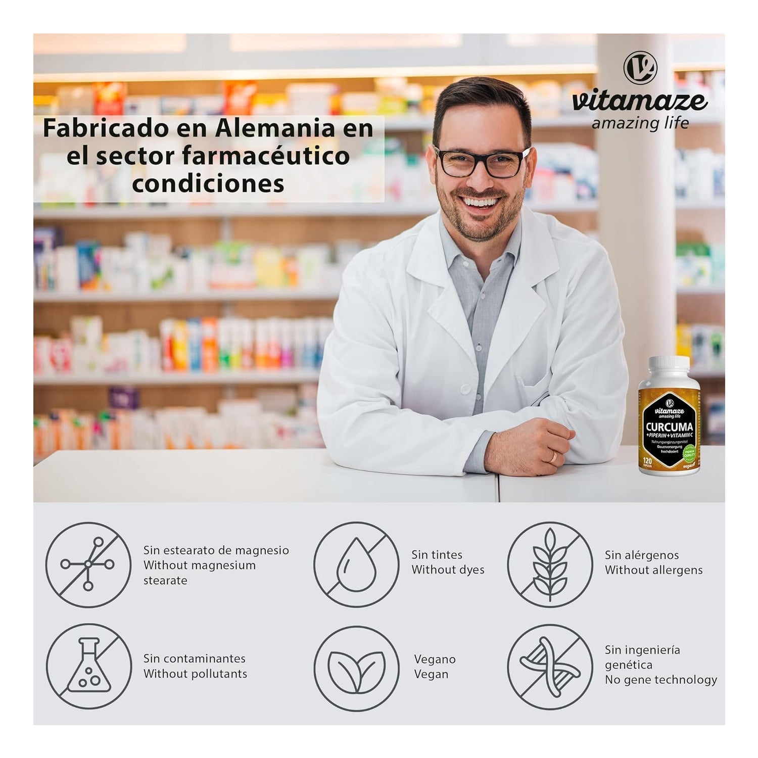 Vitamaze Cúrcuma + Piperina + Vitamina C Vegano 120caps
