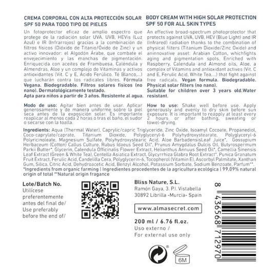 Alma Secret High Protection Crema Corporal Spf50 100 ml
