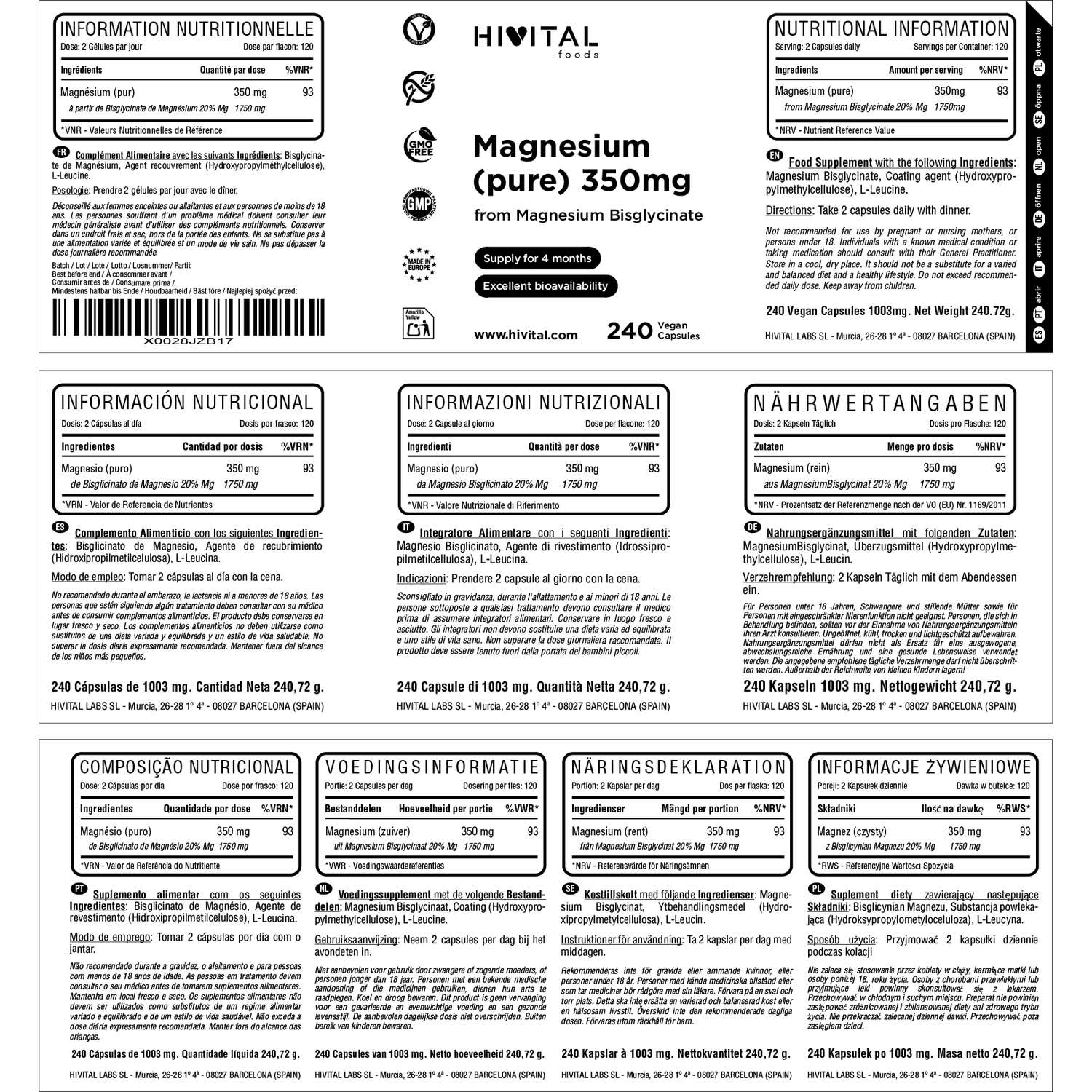 HIVITAL Magnesio bisglicinato 350 mg 240 cáps