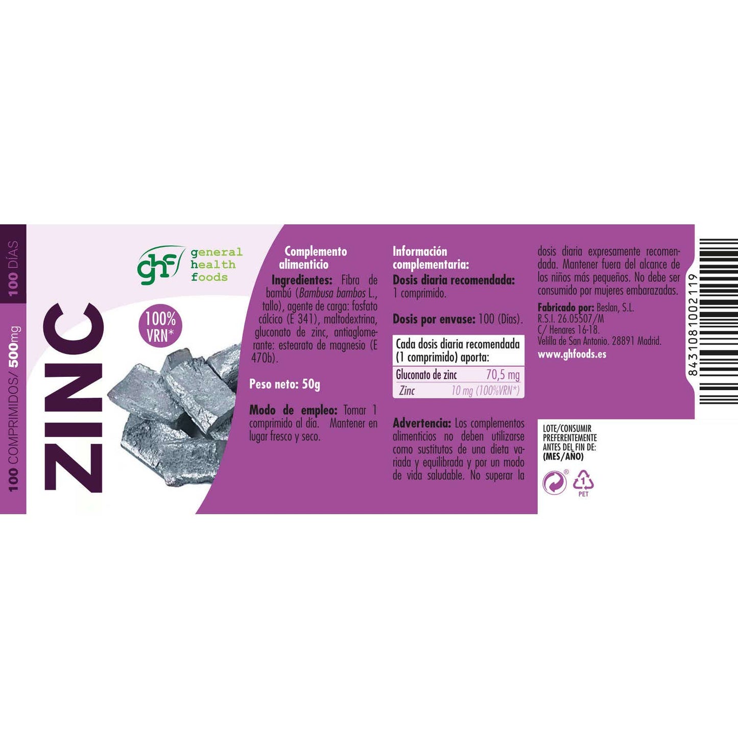 GHF Zinc 50% Cdr 500mg 100comp