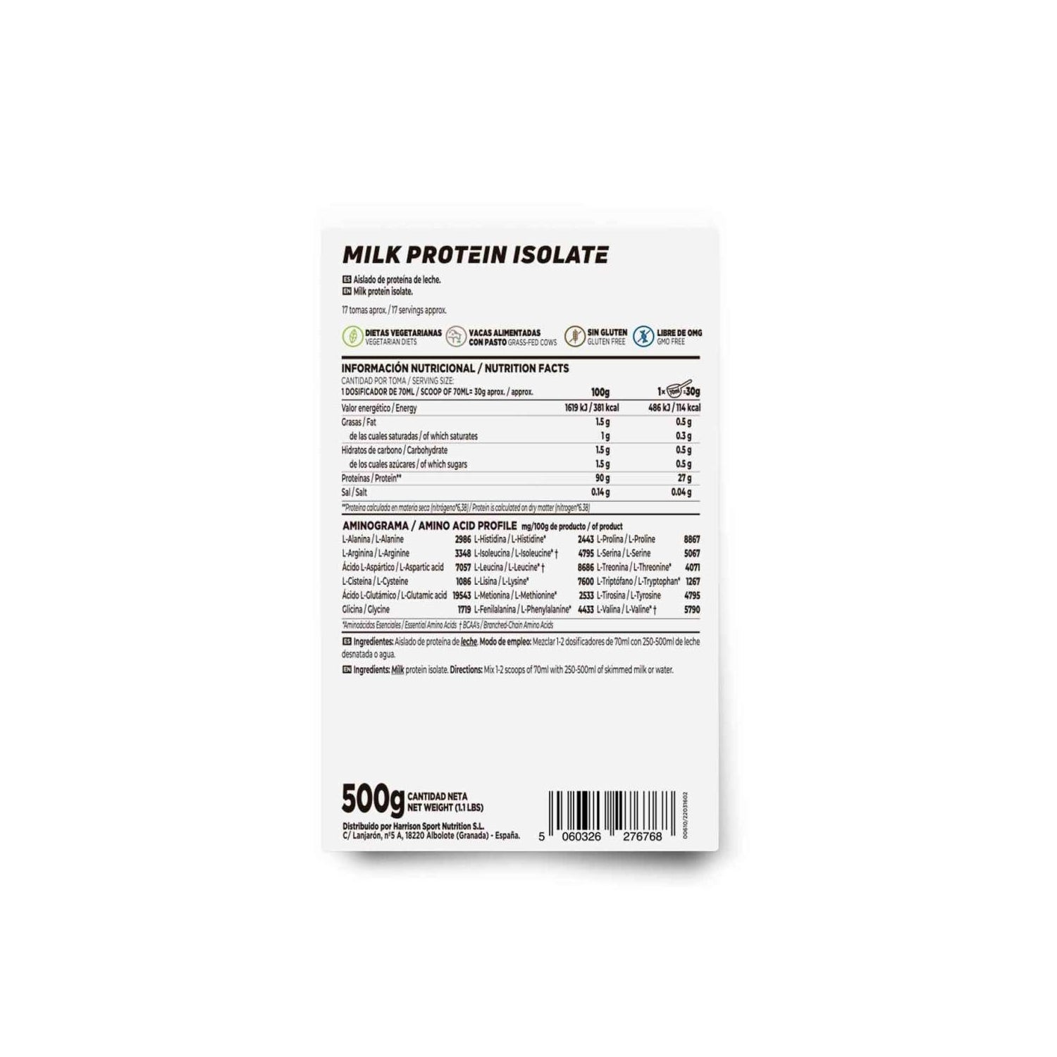HSN Aislado de Proteína de Leche Sin Sabor 500g
