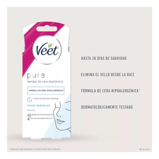 Veet Pure Bandas de Cera Depilatoria Facial Piel Sensible 40 uds