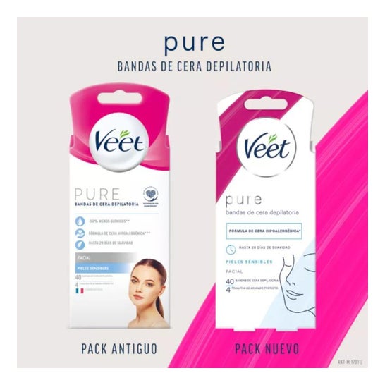 Veet Pure Bandas de Cera Depilatoria Facial Piel Sensible 40 uds