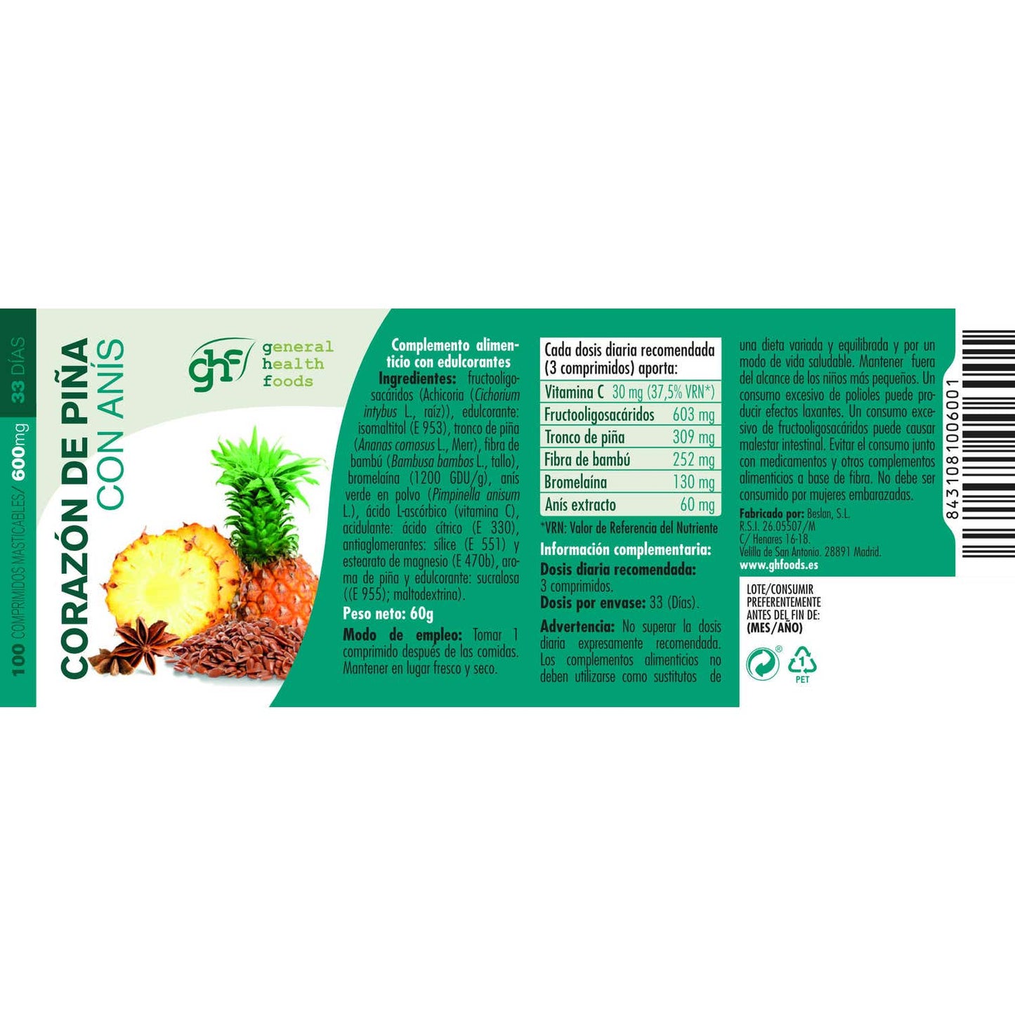 GHF Corazón de Piña 600mg 100 comprimidos masticables