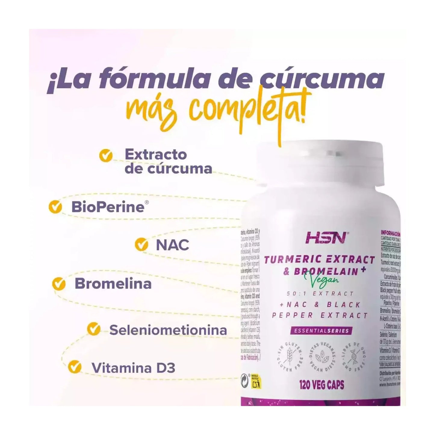 HSN Extracto de Cúrcuma 50:1 y Bromelina Plus 120vcaps