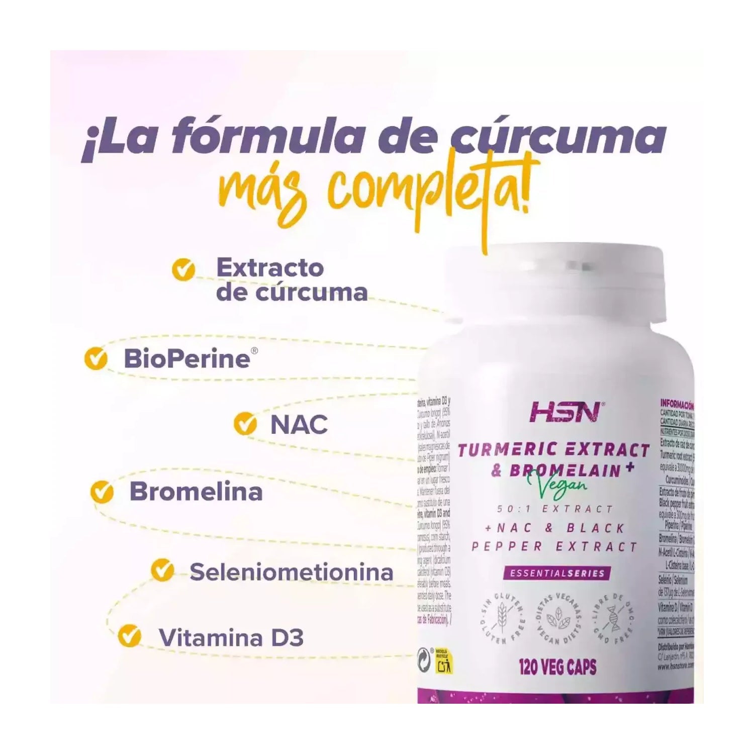 HSN Extracto de Cúrcuma 50:1 y Bromelina Plus 120vcaps