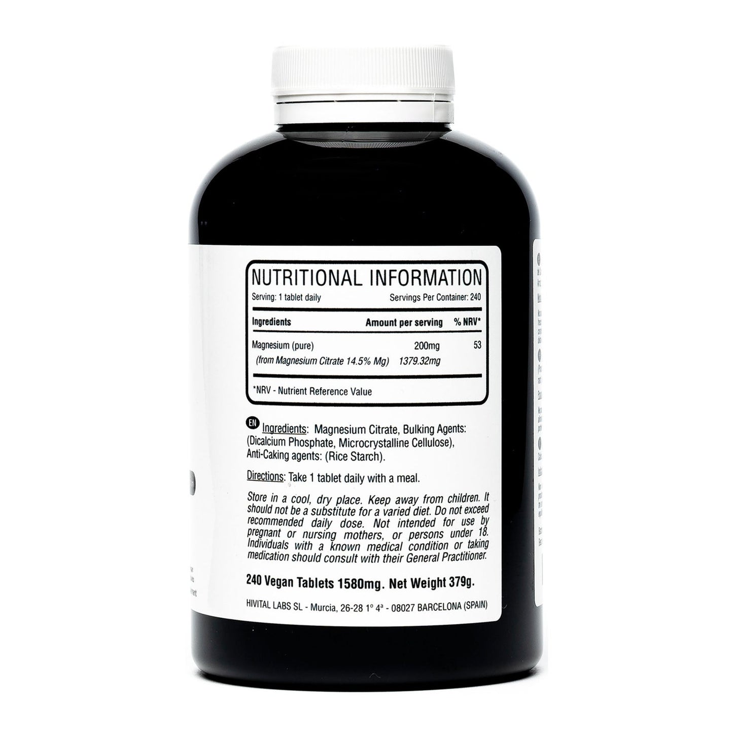 Hivital Foods Magnesio puro 200 mg procedente de Citrato de Magnesio 240 comp (8 meses)