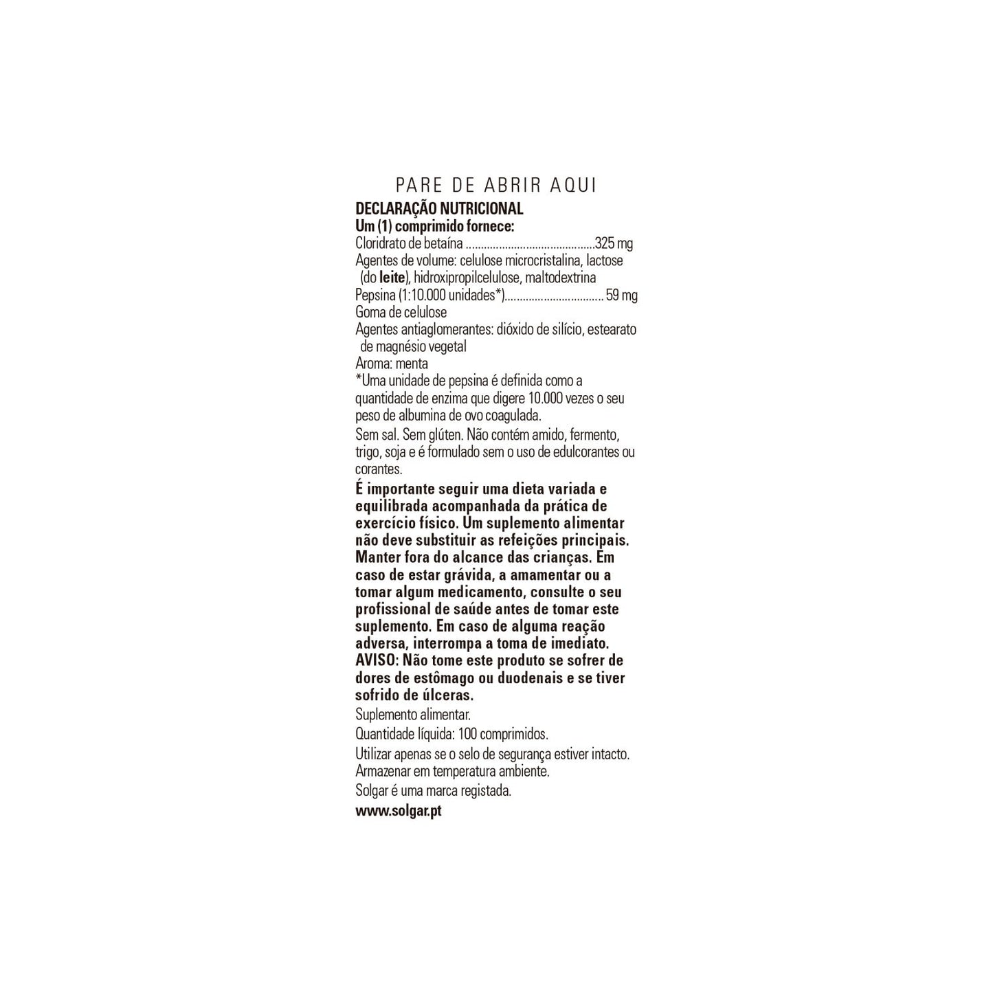 Solgar Betaína Clorhidrato Pepsina 100 comp