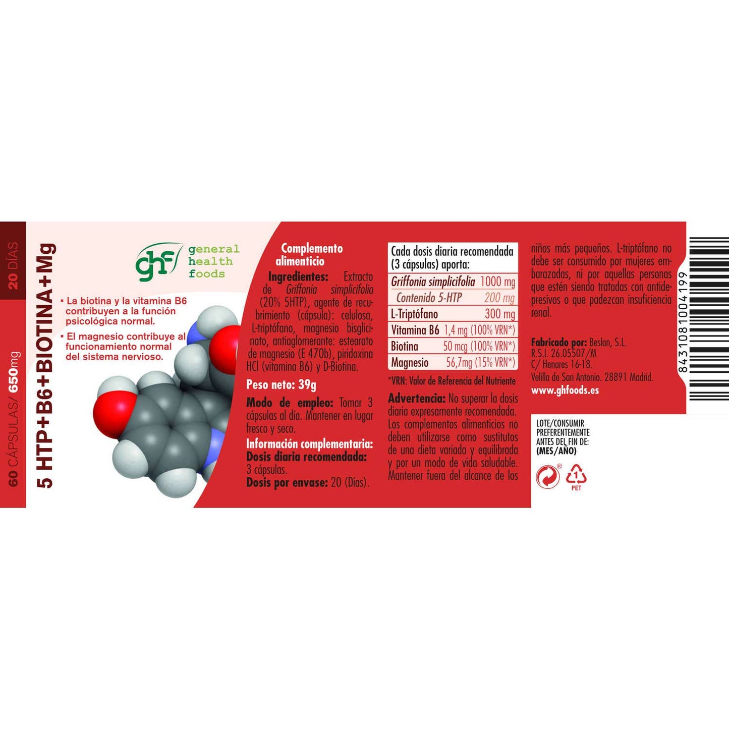 Ghf Triptófano 5Htp + B6 + Biotina + Mg 60caps