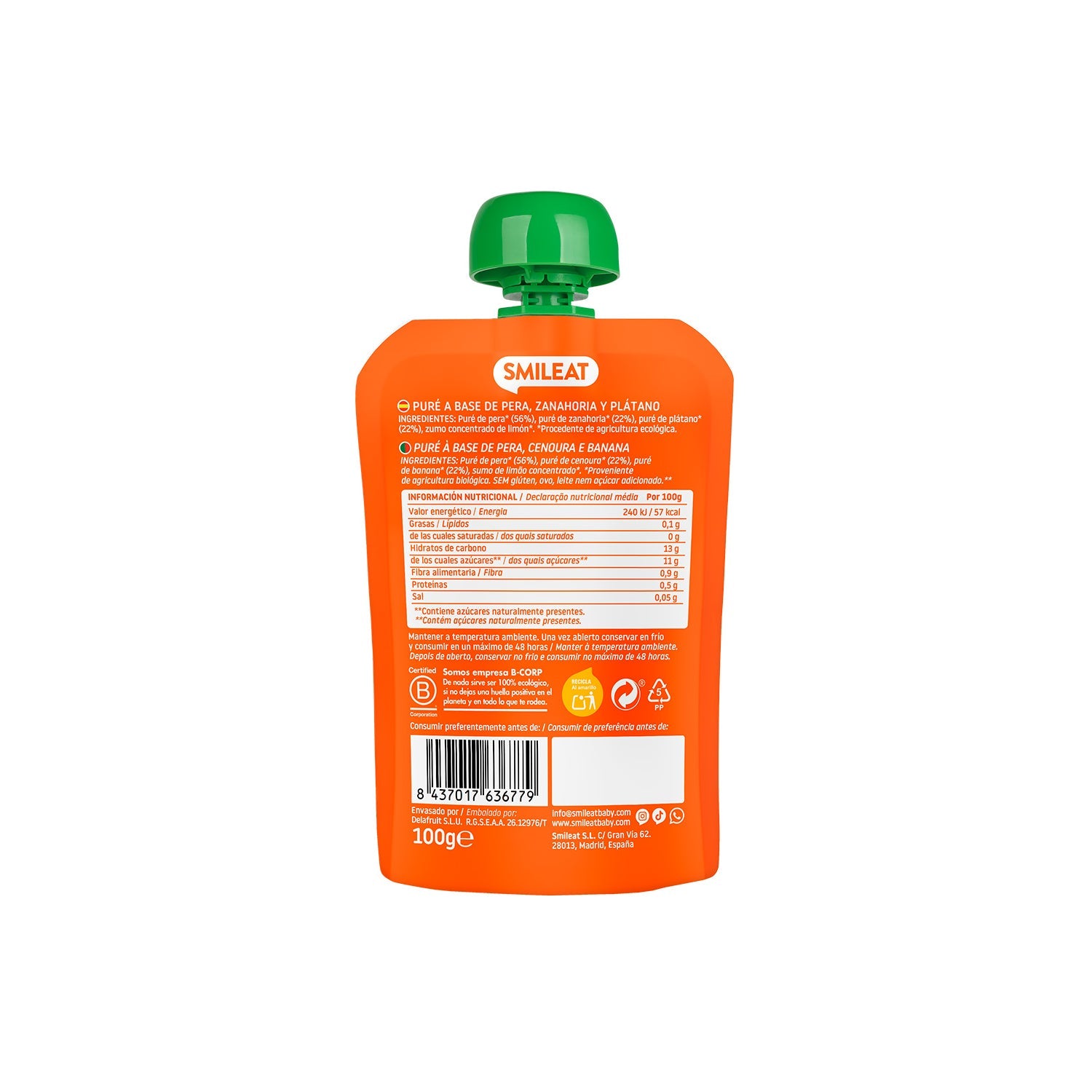 Smileat Pouch Ecológico de Zanahoria Pera y Plátano 100g