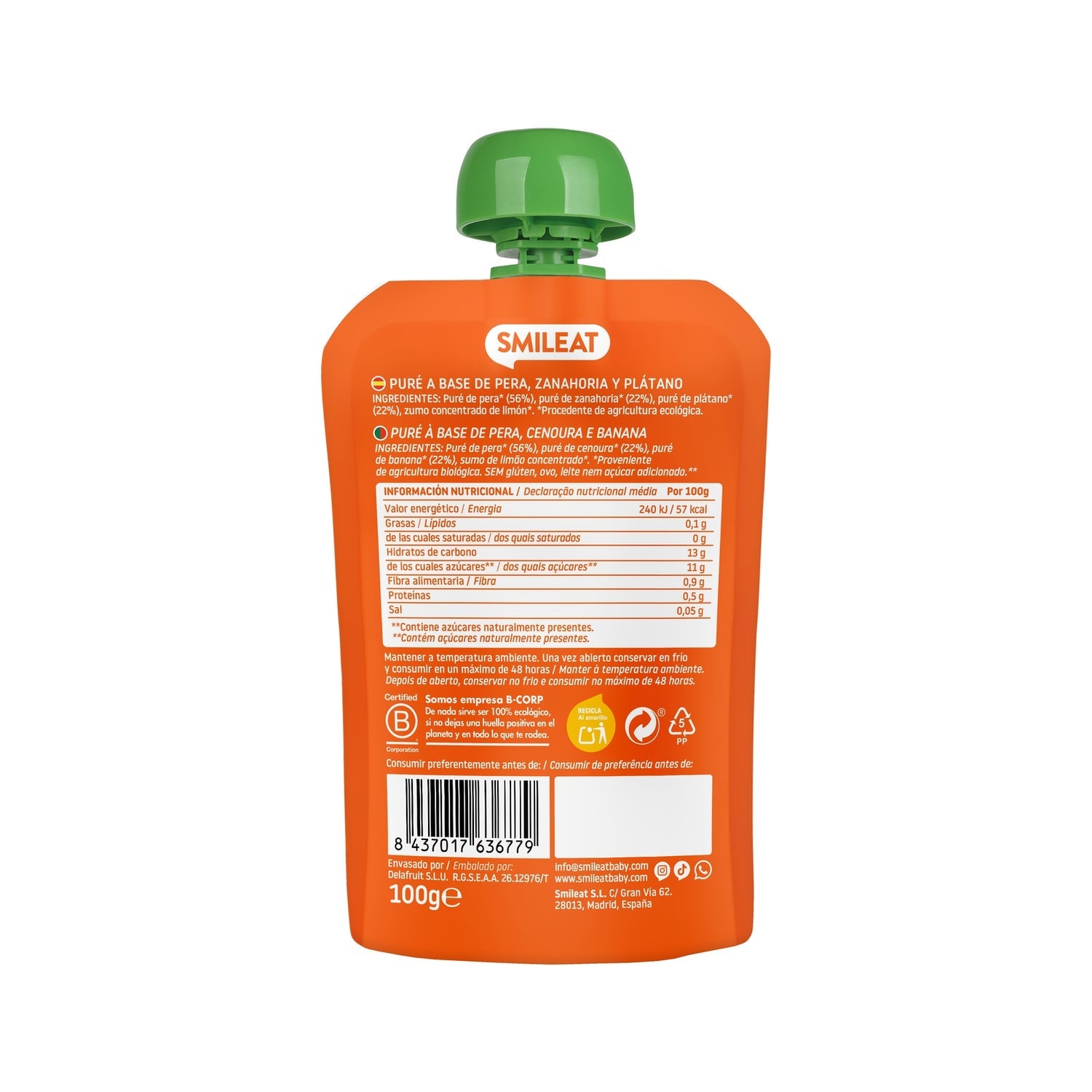 Smileat Pouch Ecológico de Zanahoria Pera y Plátano 100g