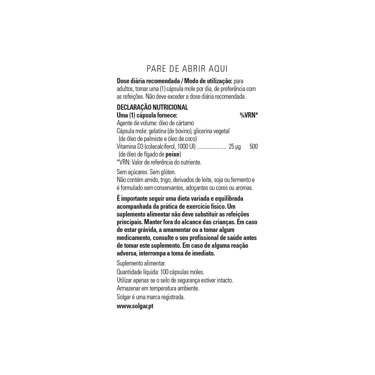Solgar Vitamina D3 Colecalciferol 1000 UI 25 mcg 100 perlas
