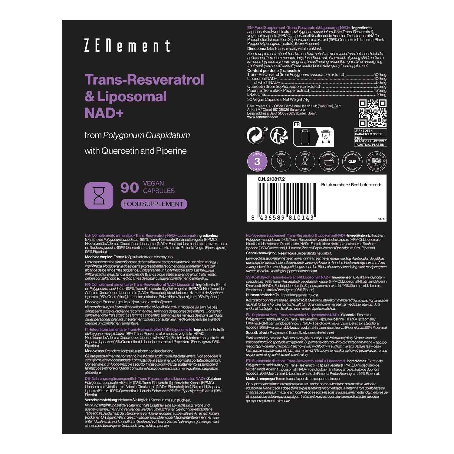 Zenement Trans-Resveratrol & Liposomal NAD+ 90 caps