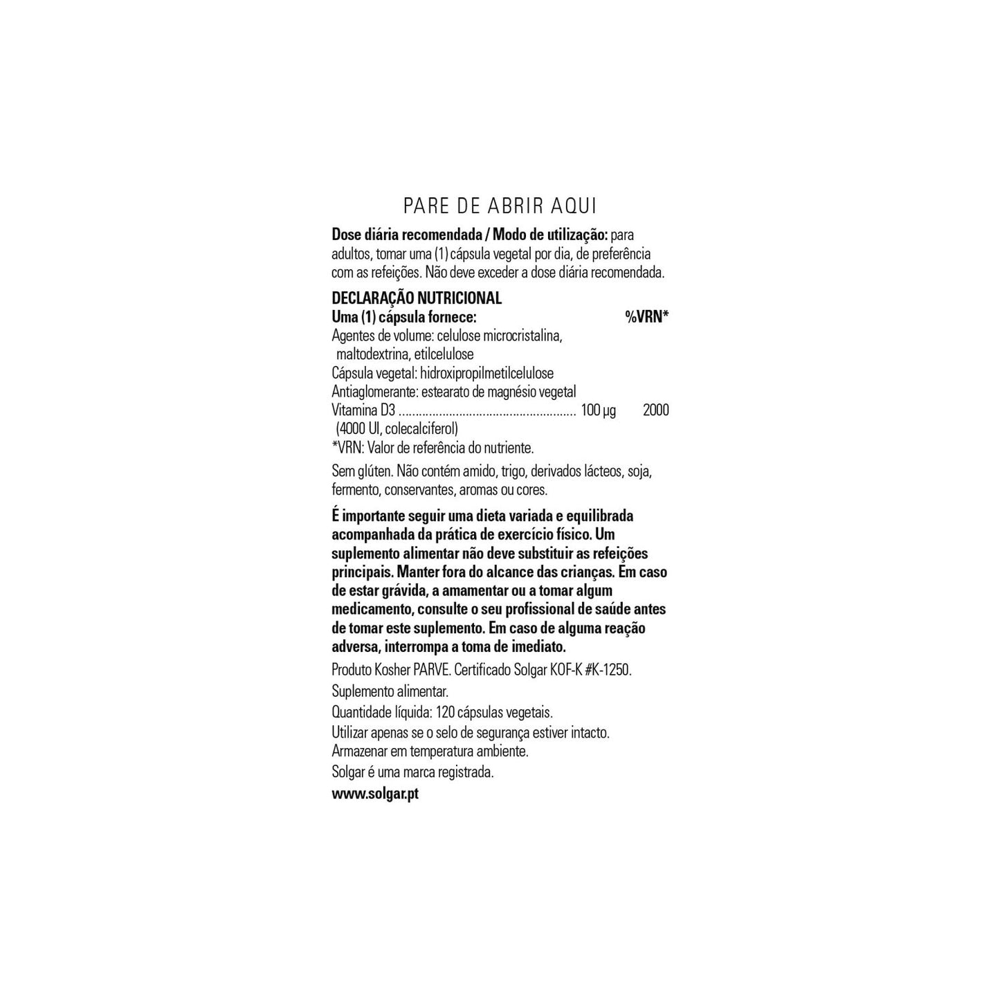 Solgar Vitamina D3 Colecalciferol 4000 UI 100 mcg 120 vcaps