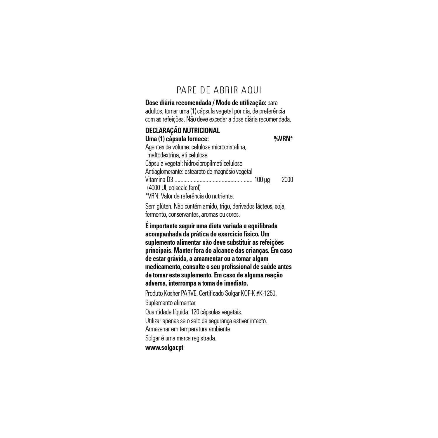 Solgar Vitamina D3 Colecalciferol 4000 UI 100 mcg 120 vcaps