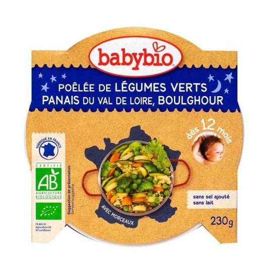 Babybio Buenas noches desde los 12 meses Plato Verduras Verdes Chirivías Boulghour 230 Gramos