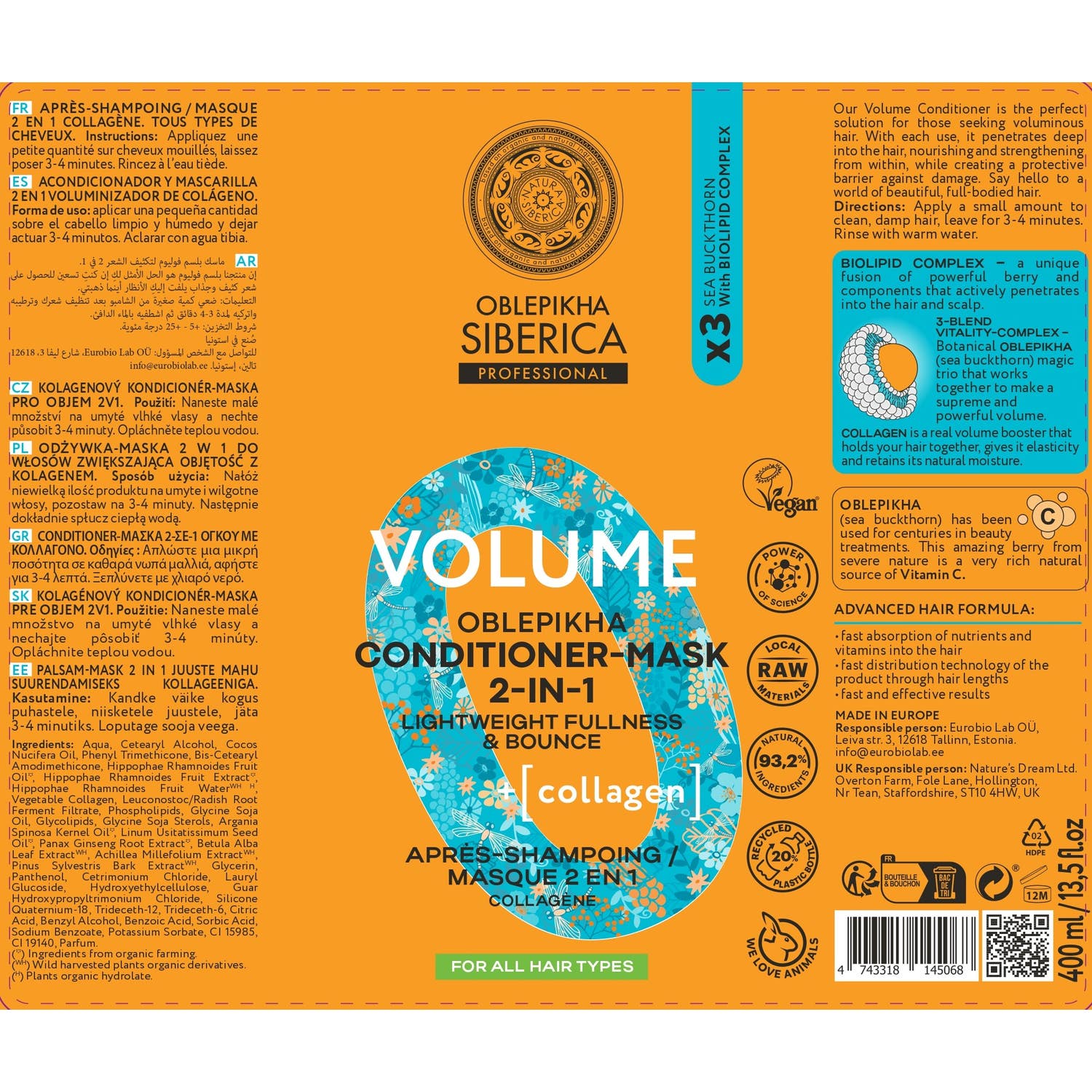 Natura Siberica Oblepikha Acondicionador Mascarill Volumen 400ml