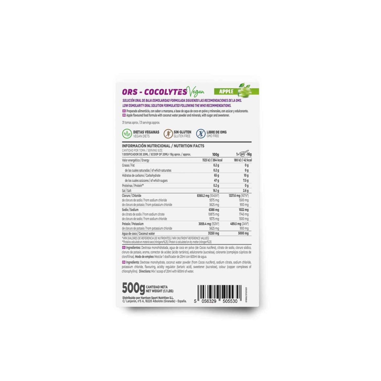 HSN ORS Cocolytes Agua de Coco + Electrolitos en Polvo Manzana 500g