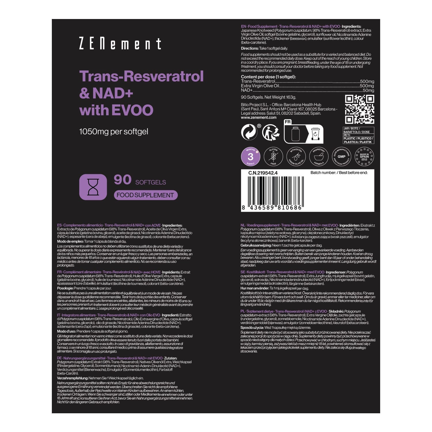 Zenement Trans-Resveratrol & NAD+ con AOVEE 90 Perlas