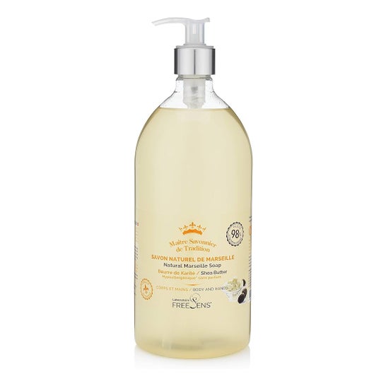 Jabón natural líquido de Marsella Freesens con botella de karité, bomba de 1 litro