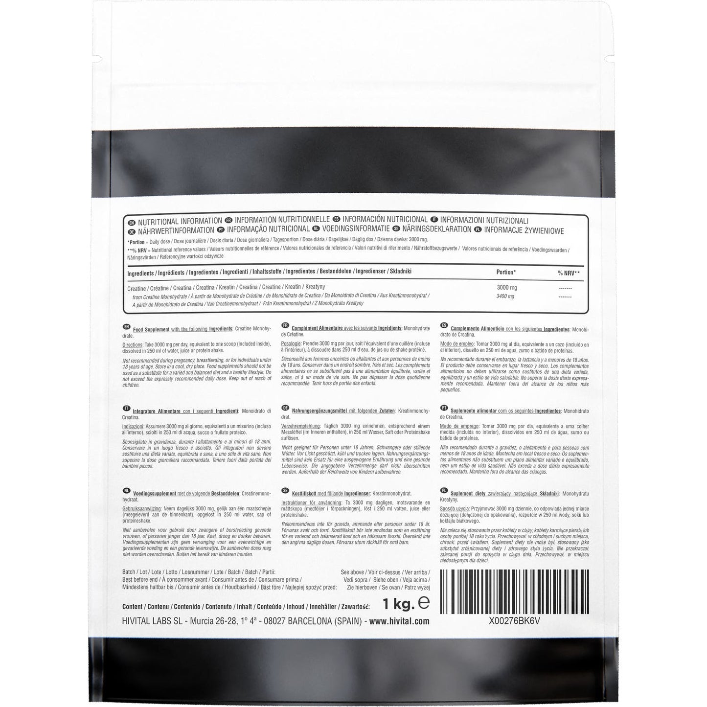 HIVITAL Creatina monohidratada 3000 mg 1 kg
