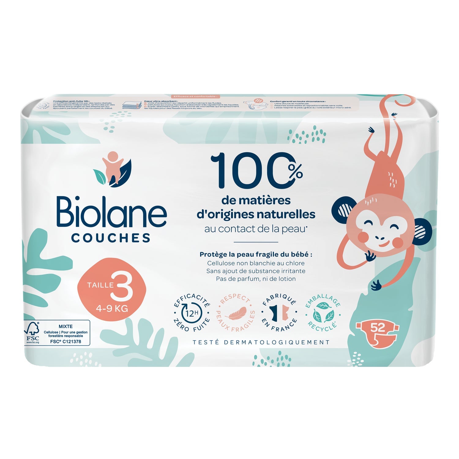 Biolane Pañales Naturales para Bebés Talla 3 4-9kg 52 Unidades