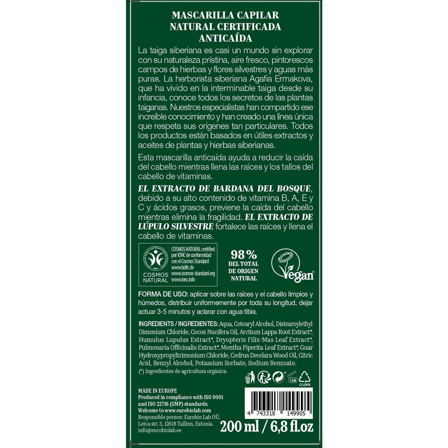 Green Agafia Mascarilla Capilar Natural Anticaída 200ml