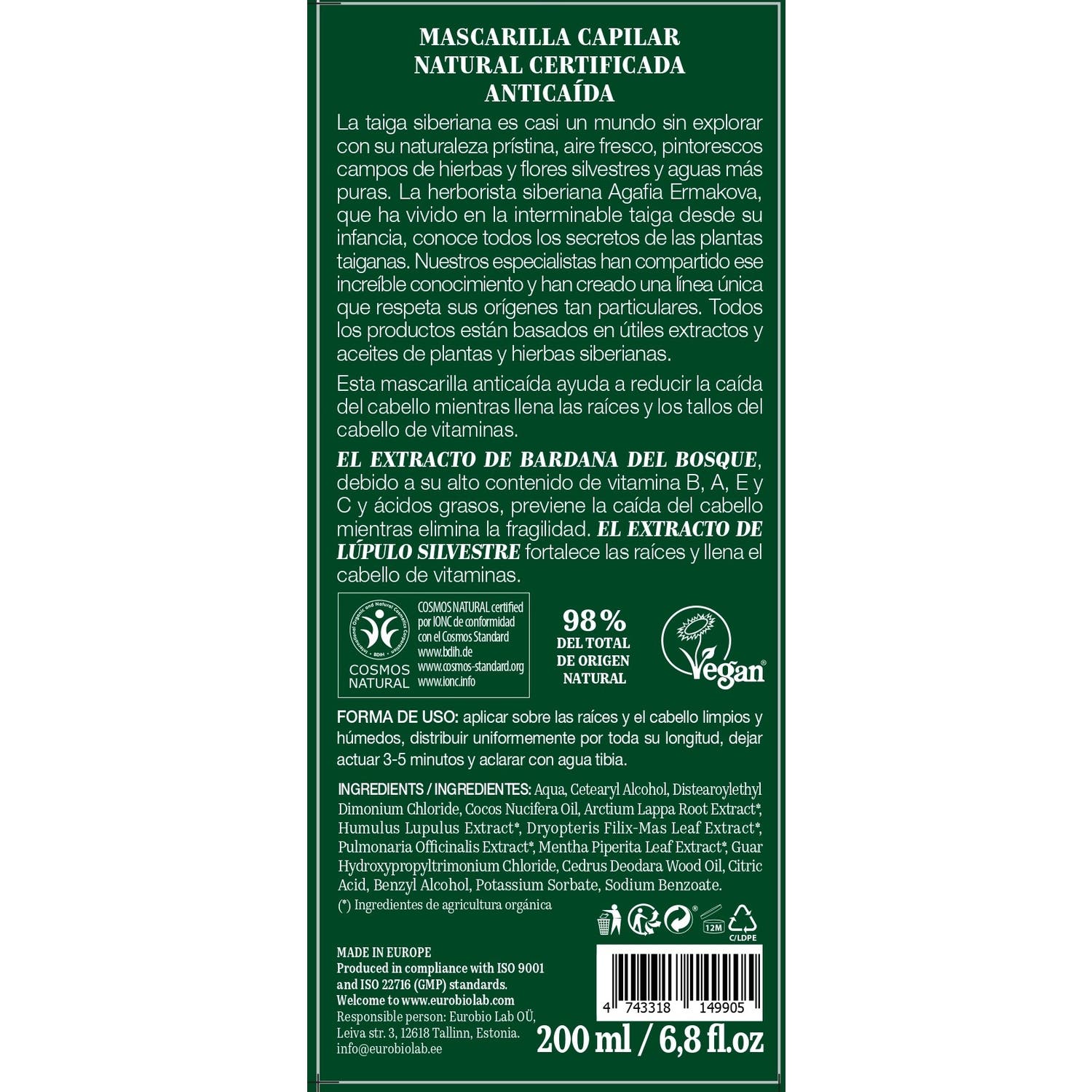 Green Agafia Mascarilla Capilar Natural Anticaída 200ml
