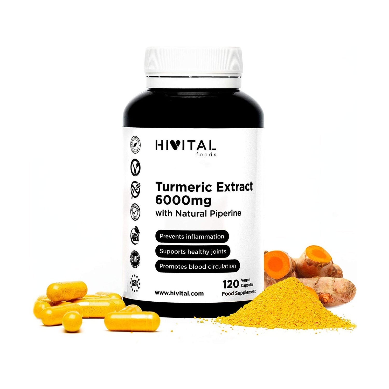 Hivital Foods Cúrcuma 6000 mg Extracto al 95% con Pimienta Negra 120 cáps