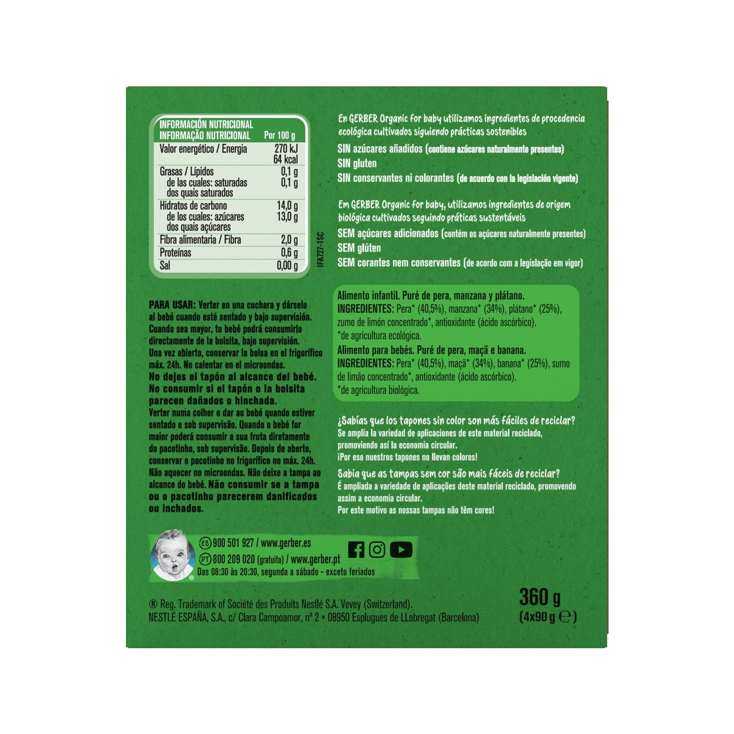 Gerber Organic Puré Pera, Manzana y Plátano 4x90g