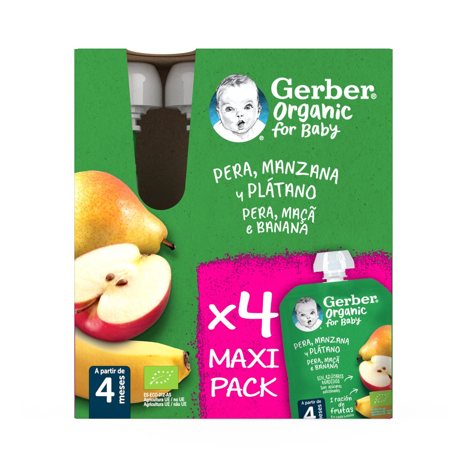 Gerber Organic Puré Pera, Manzana y Plátano 4x90g
