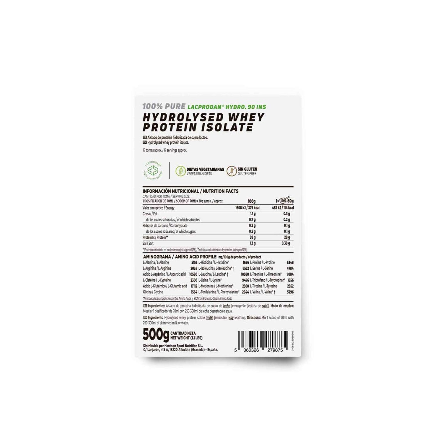 HSN 100% Proteína de Suero Hidrolizado Aislada Sin Sabor 500g