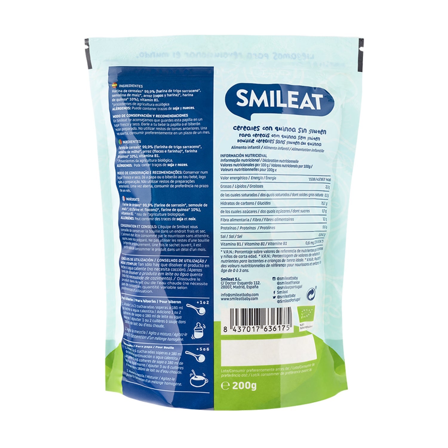 Smileat Papilla Ecológica de Cereales con Quinoa Sin Gluten 200g