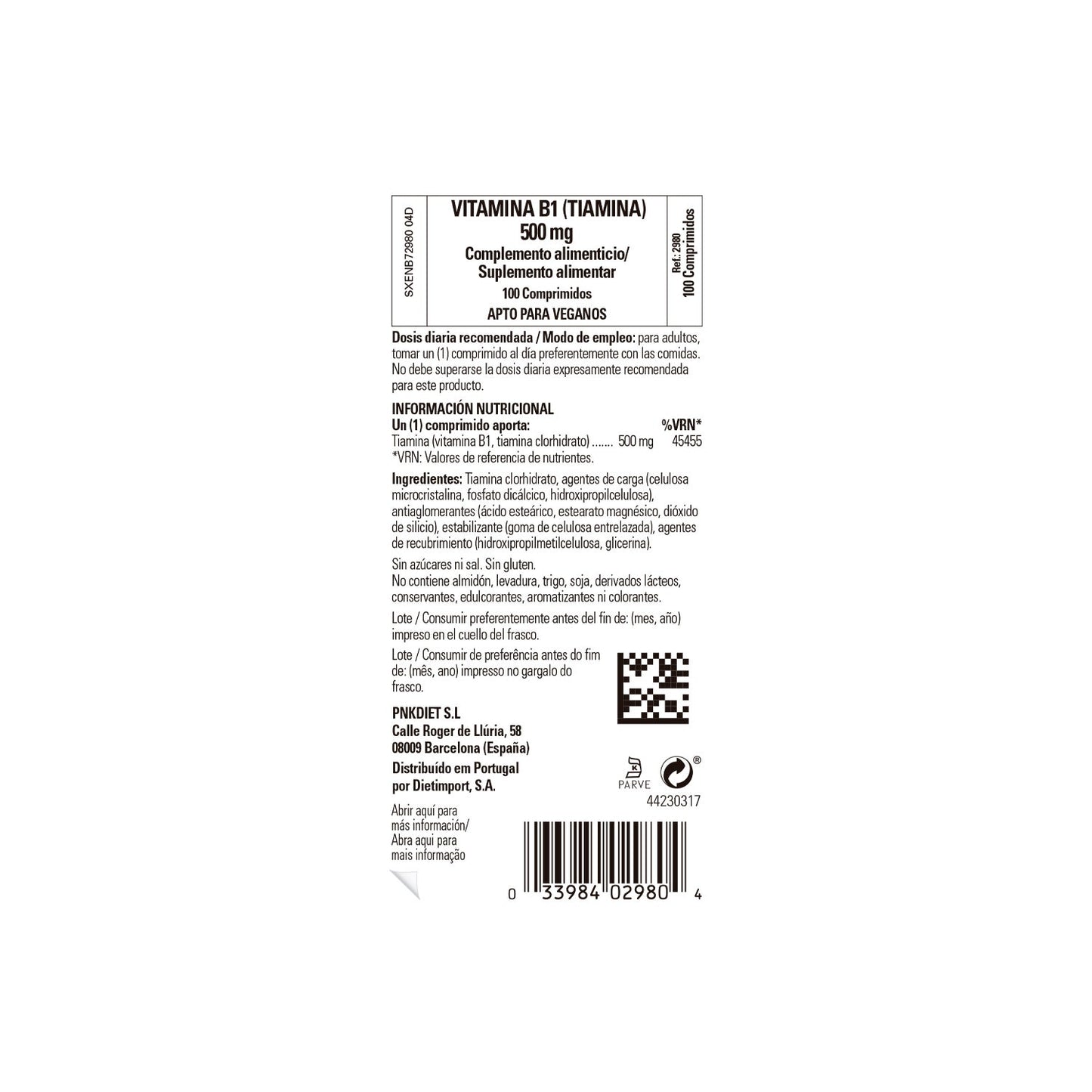 Solgar Vitamina B1 Tiamina 500mg 100comp