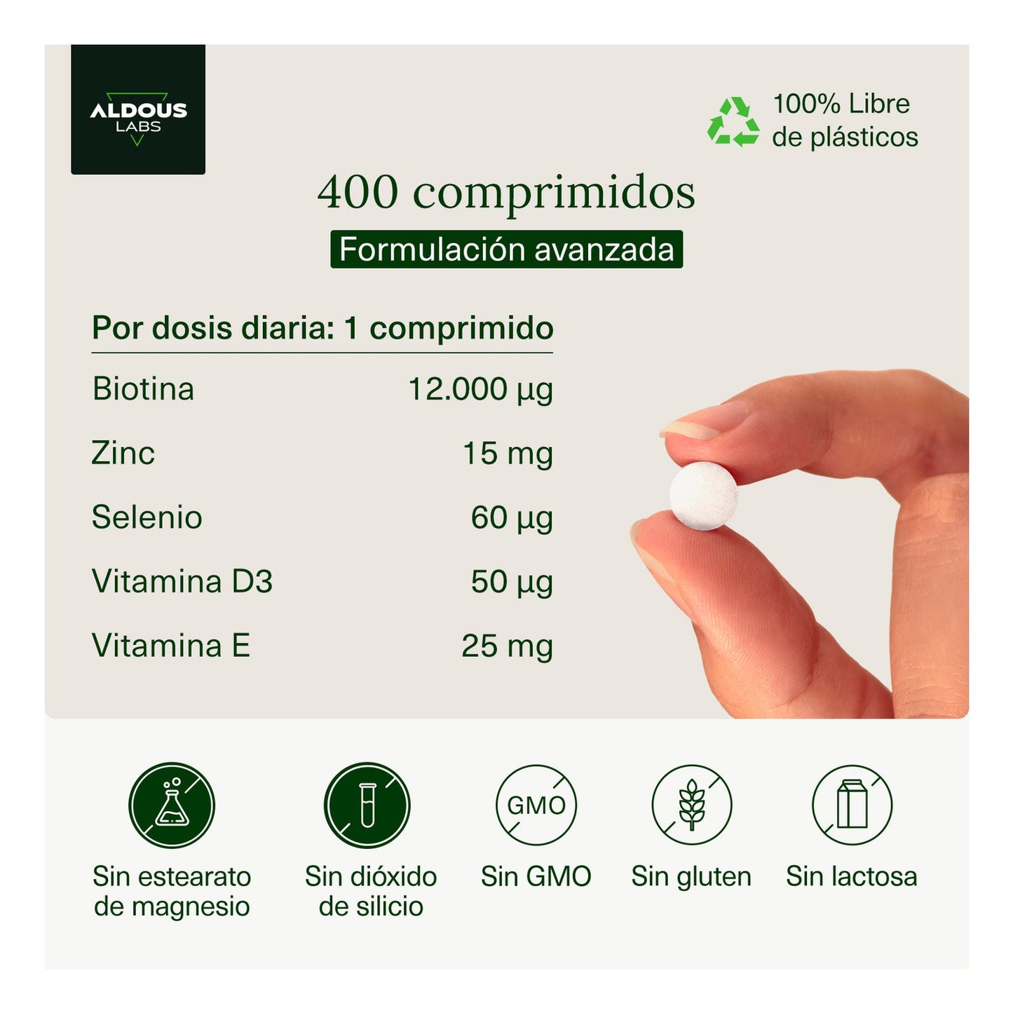 Aldous Labs Biotina Complex con Zinc Selenio Vitamina D3 y Vitamina E 400comp