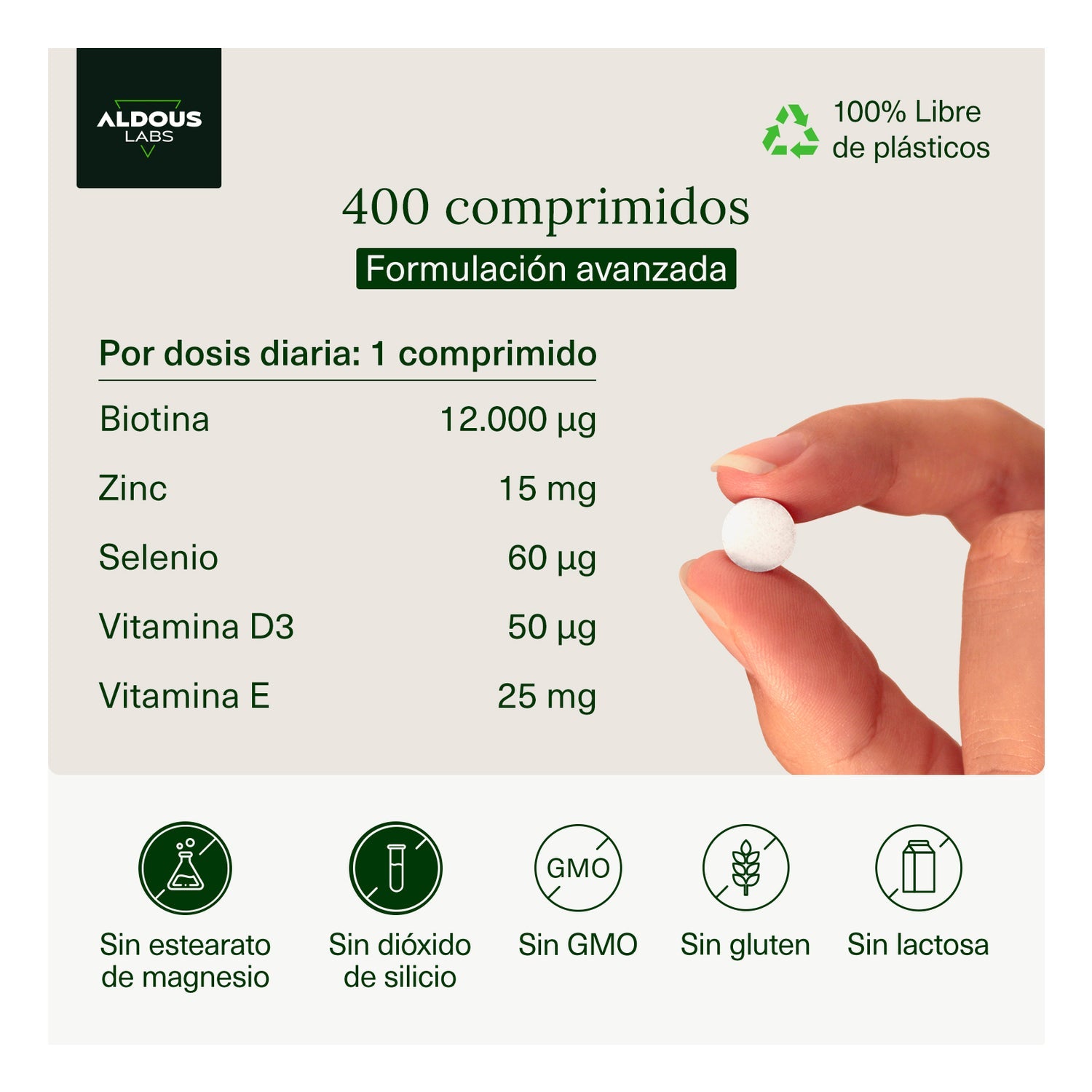 Aldous Labs Biotina Complex con Zinc Selenio Vitamina D3 y Vitamina E 400comp