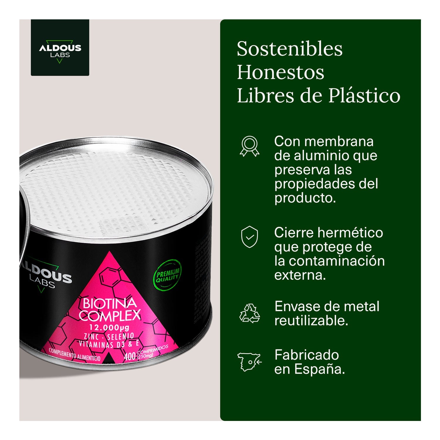 Aldous Labs Biotina Complex con Zinc Selenio Vitamina D3 y Vitamina E 400comp