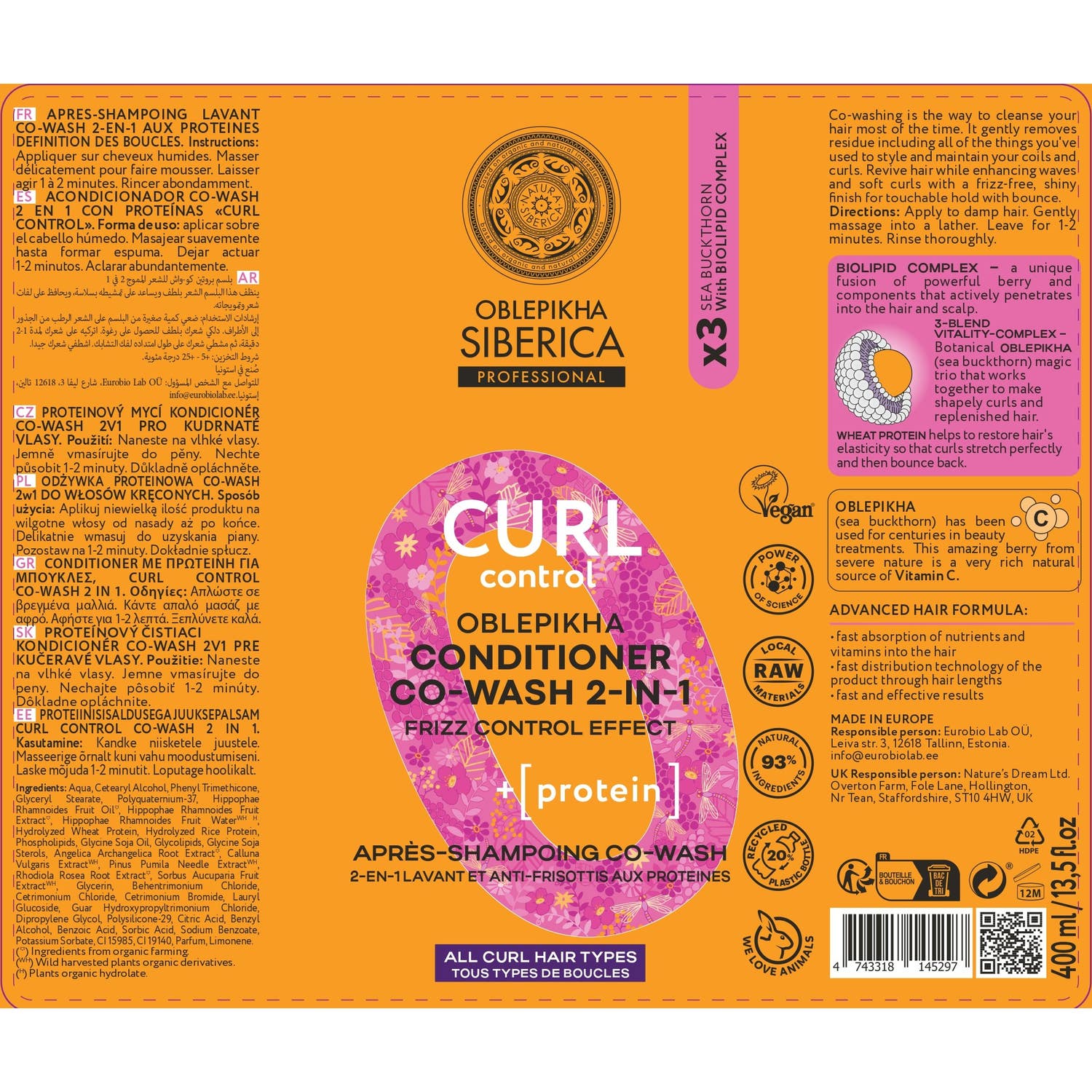 Natura Siberica Oblepikha Acondicionador 2en1 Curl Control 400ml